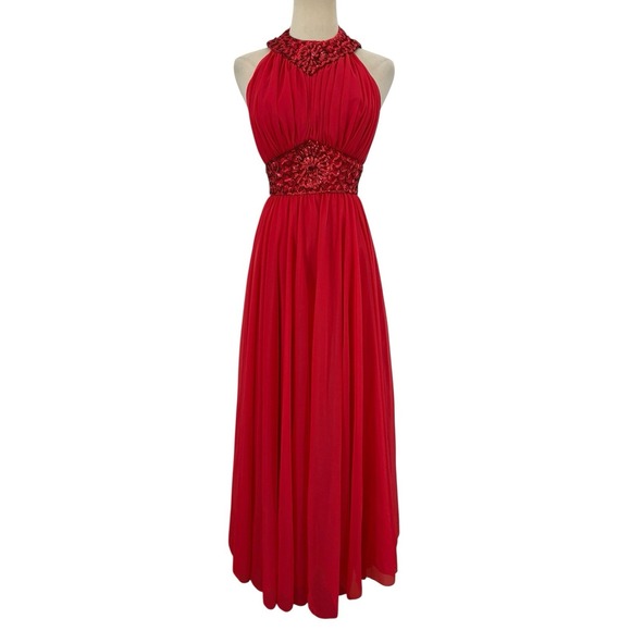 Vtg 60 Mike Benet Formal Red Sequin Halter Gown Dress Chiffon Disco Maxi Red Xs - Picture 2 of 13
